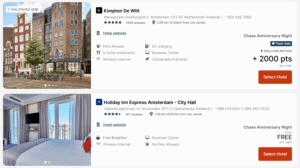 Screenshot of IHG free night certificate search results