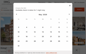 Screenshot of IHG website showing award calendar