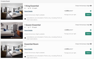 Screenshot of IHG website showing anniversary free night top-off cost