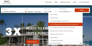 Screenshot of IHG homepage showing option to search by free night