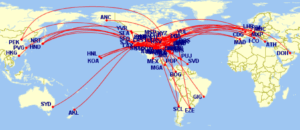 Map of American Airlines flights flown by JT Genter across eight years