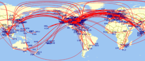 Screenshot of flight map showing 848 flights crossing much of the world with the United States unintelligible due to the number of flights.