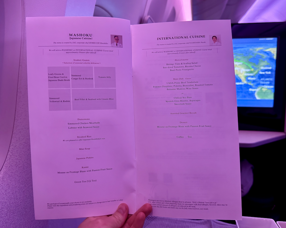 Menu in JAL Business Class