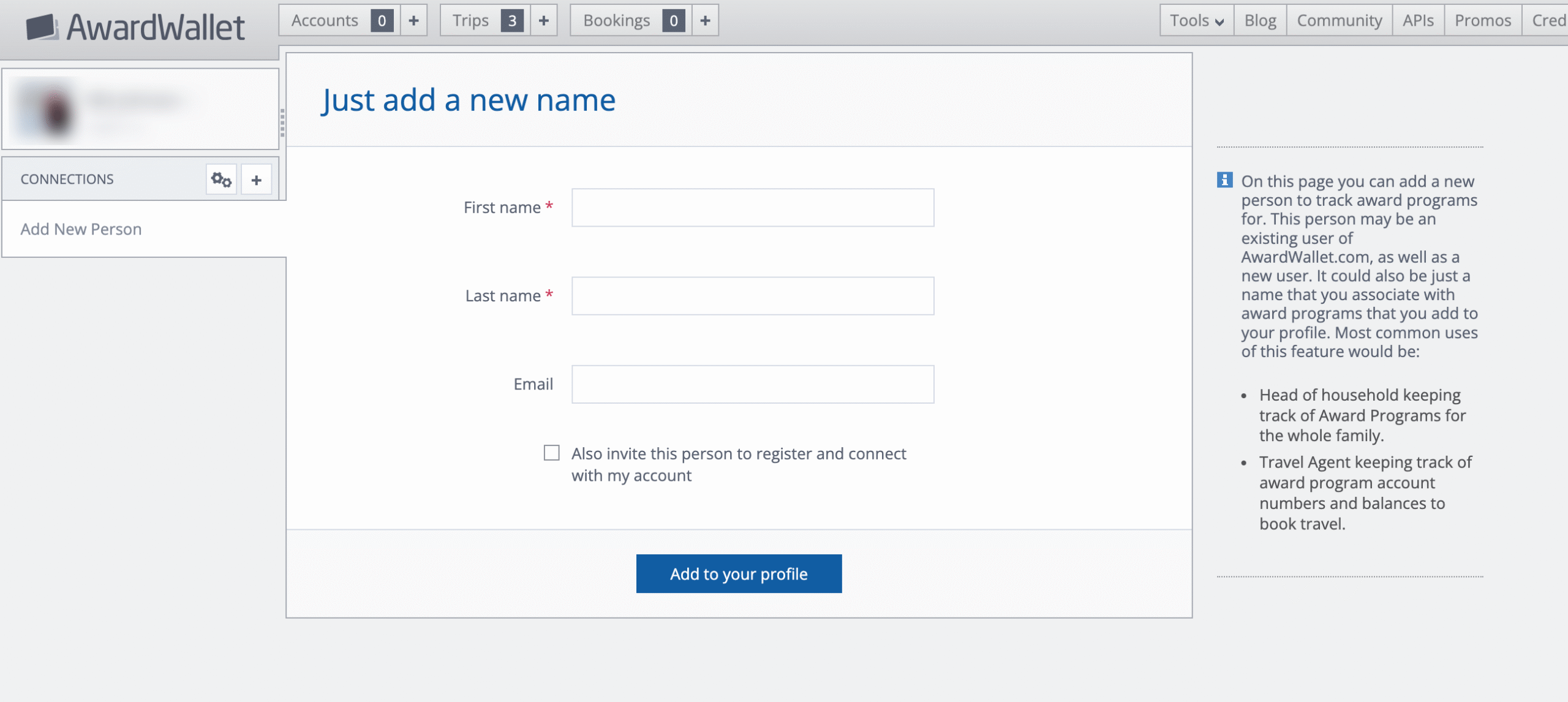 AwardWallet add a new name
