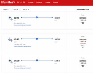 Screenshot showing LifeMiles award pricing from Charlotte to Cleveland for 7,500 LifeMiles