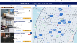 Screenshot of World of Hyatt's website showing map view with live award availability and pricing
