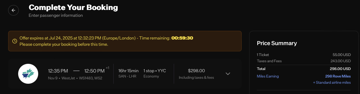 Rove miles flight booking
