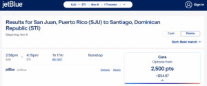 Screenshot of JetBlue award option from San Juan to Santiago Dominican Republic