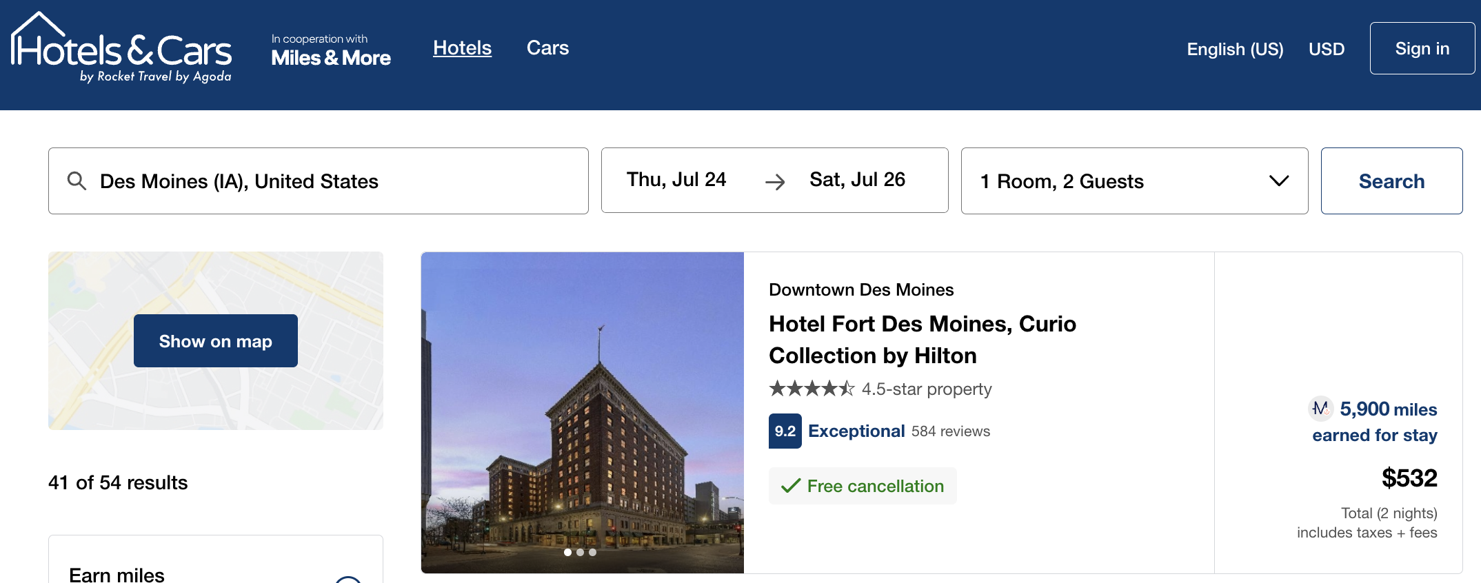 Hotels and Cars booking showing how many Lufthansa miles you can earn for a two-night stay in Des Moines, Iowa