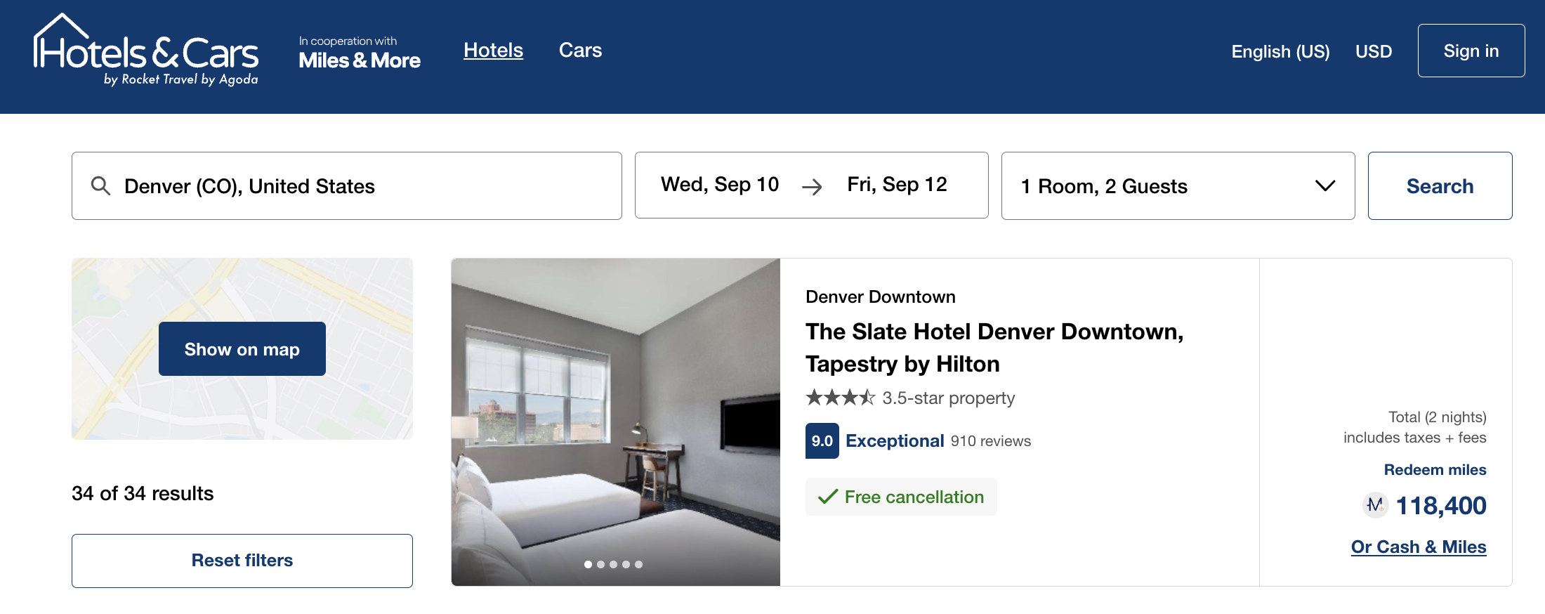 Redeem Lufthansa miles for a hotel in Denver through Hotels and Cars