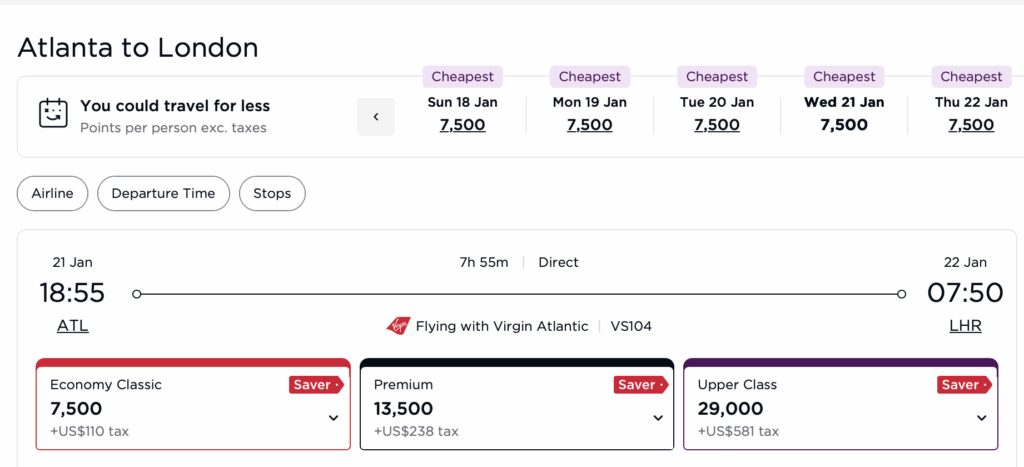 Virgin Atlantic award from ATL to LHR