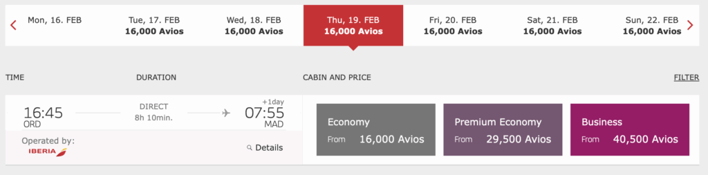 ORD to MAD for 40.5k Avios in Iberia business class.