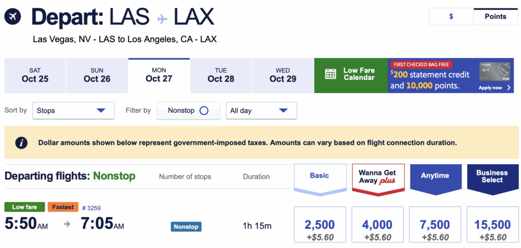 Screenshot showing Southwest award from Las Vegas to Los Angeles