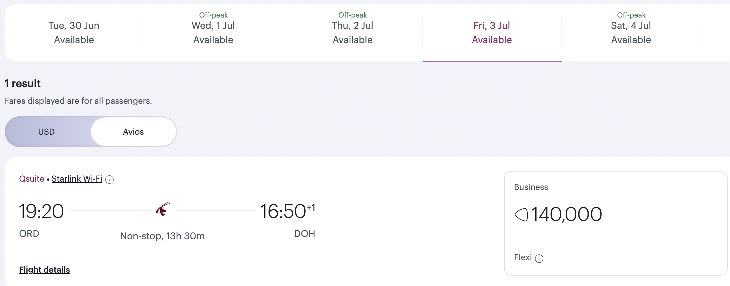 Qatar Airways award from ORD to DOH for 140k Avios.
