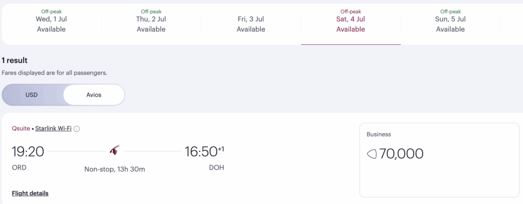 Qatar Airways award from ORD to DOH for 70k Avios.
