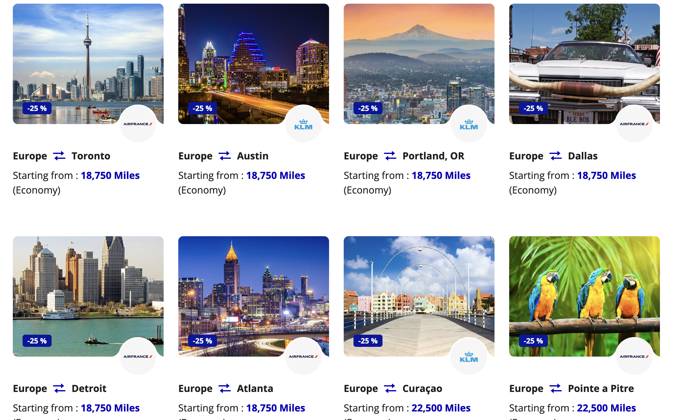 A screenshot of the promo rewards page showing deals on flights to/from Europe.