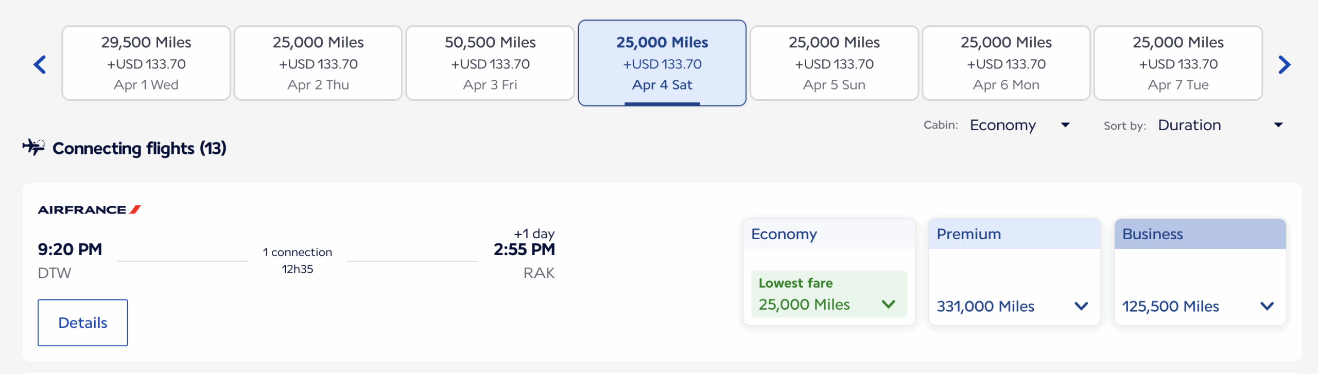 A screenshot showing a flight from Detroit to Morocco in April 2026