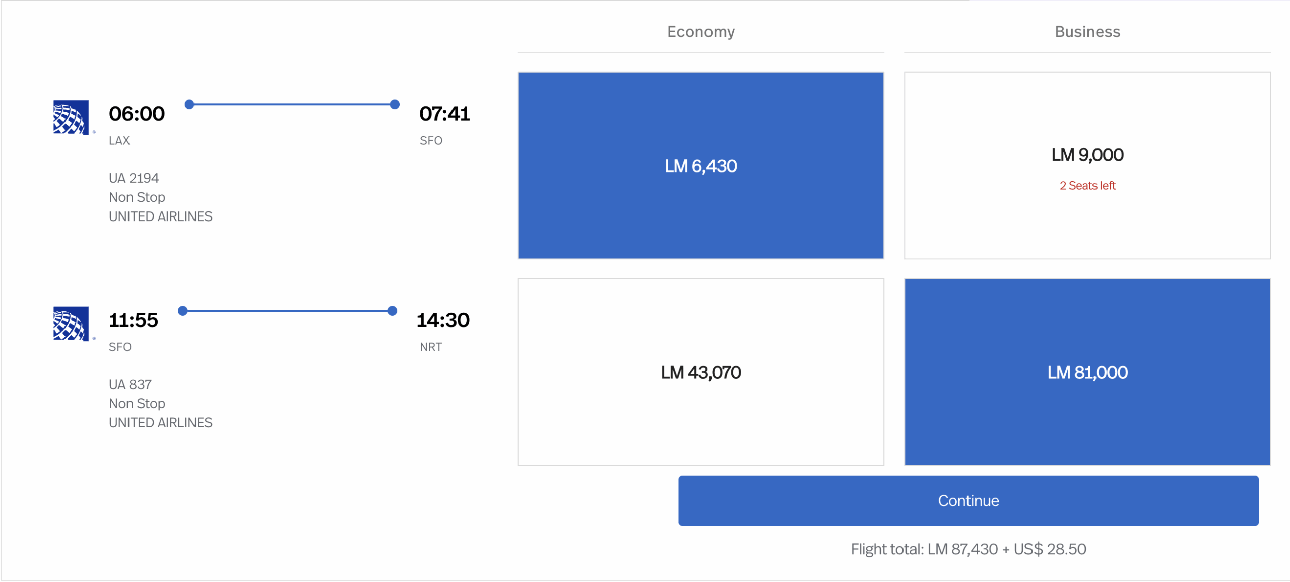 LAX to NRT itinerary via LifeMiles