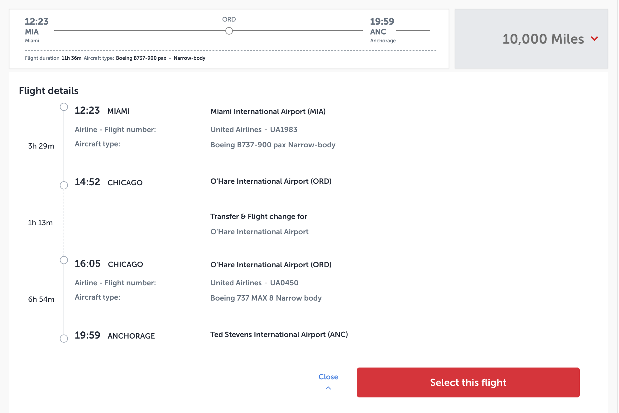 A screenshot showing a flight from Miami to Anchorage with a layover in Chicago