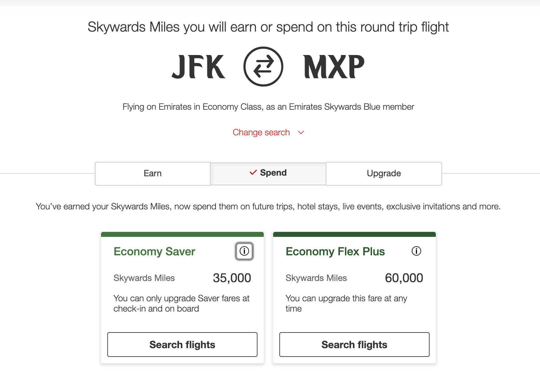 Emirates rate calculator for JFK to MXP