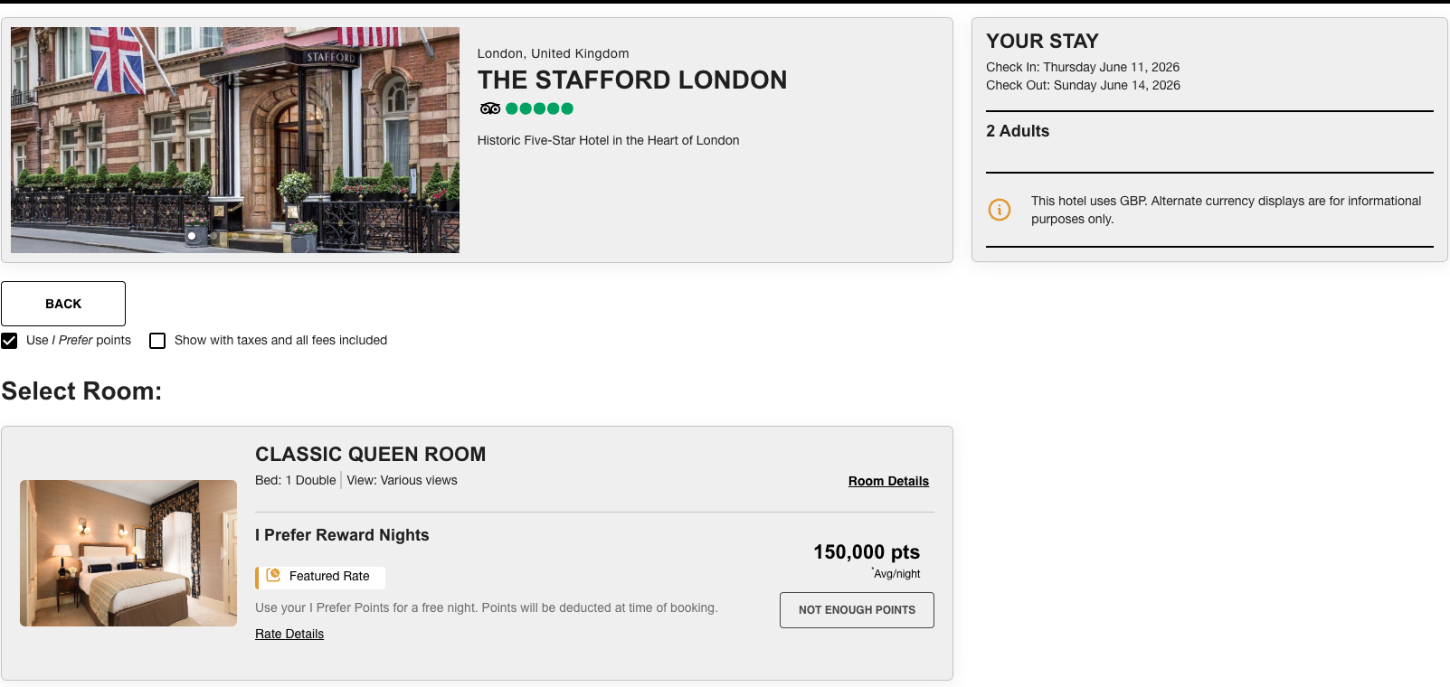 A screenshot showing a redemption at The Stafford London