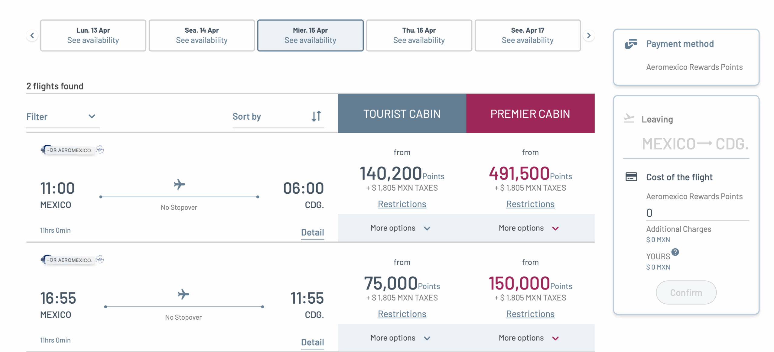 A screenshot showing a redemption from Mexico City to Paris