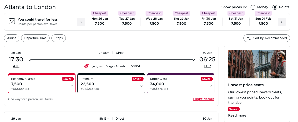 A screenshot showing a flight from Atlanta to London in January