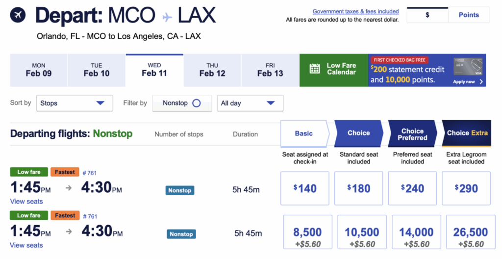 Orlando to Los Angeles on Southwest