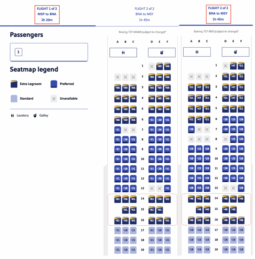 Minneapolis to New Orleans seat prices.