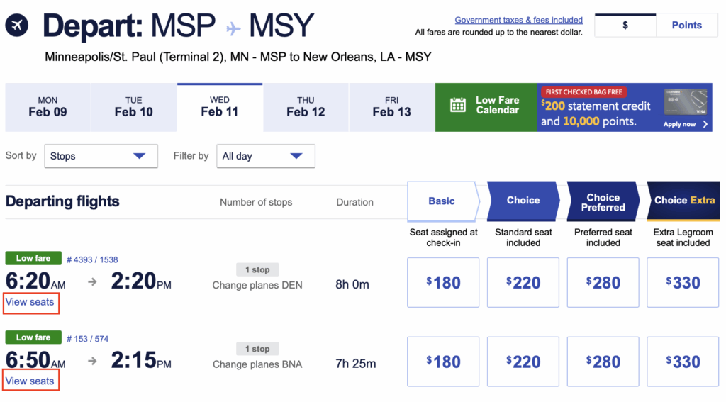 Southwest prices for MSP to MSY