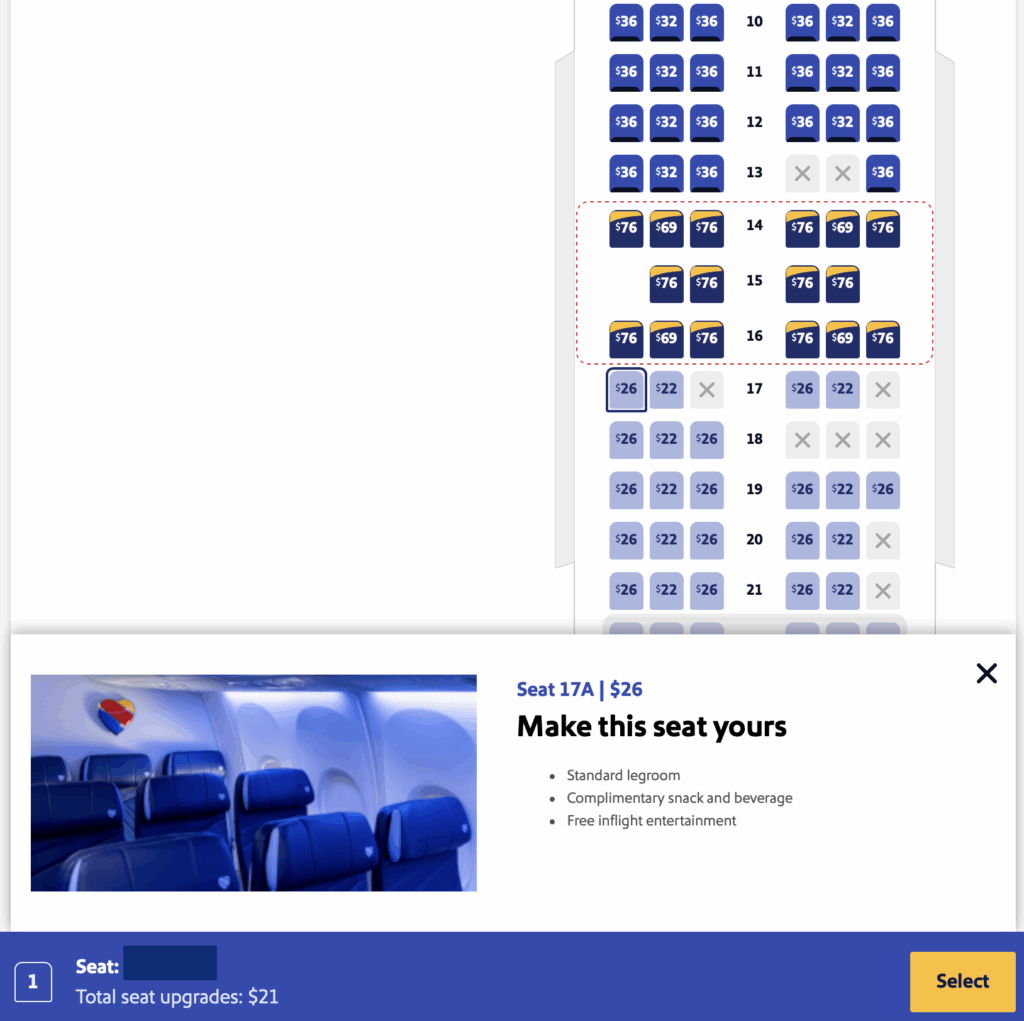 Purchasing a seat on Southwest.