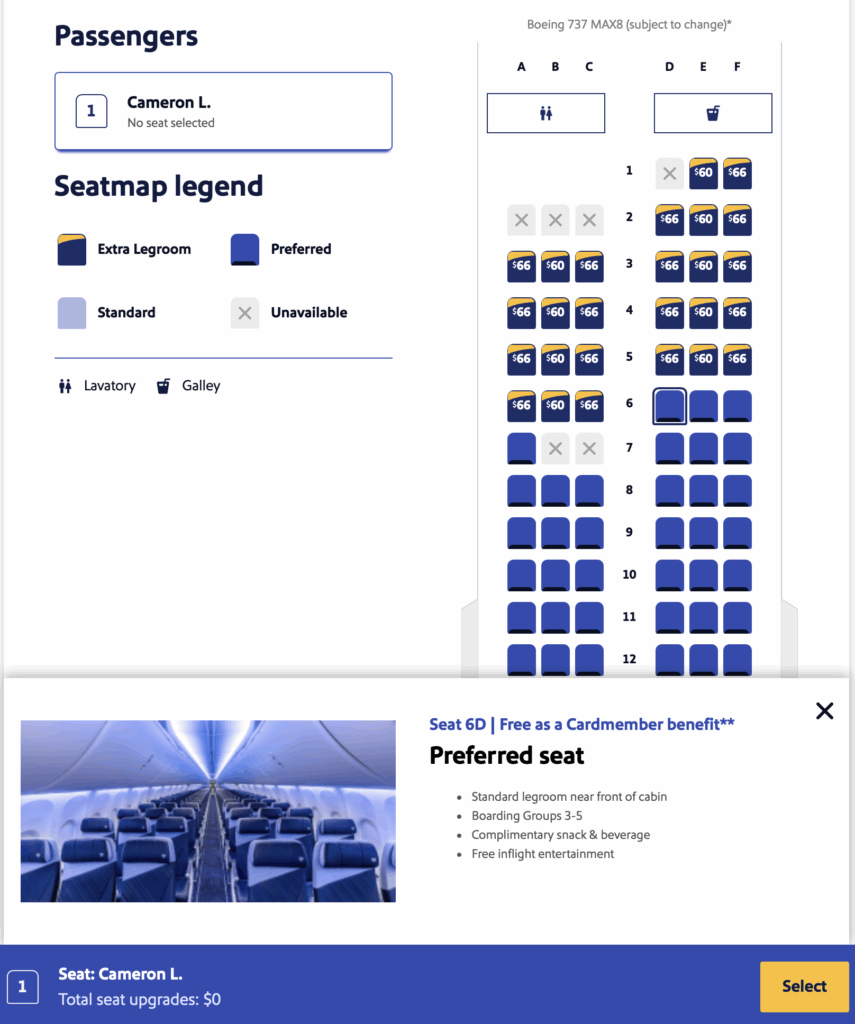 Preferred seat at no cost with credit card.