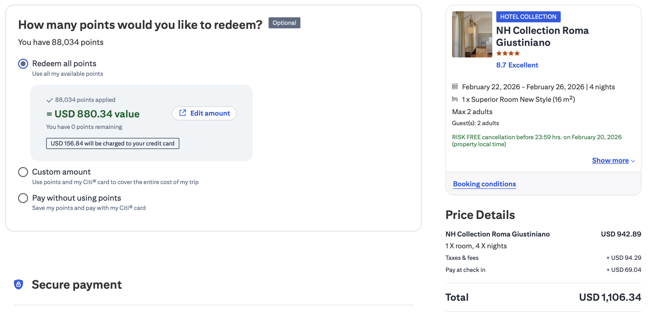 A screenshot of a Citi Travel booking with points applied to the balance