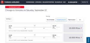 Screenshot showing United award flight results bookable through Turkish Airlines miles
