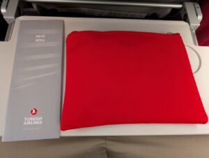 Turkish Airlines economy menu and amenity kit