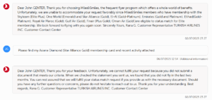 Screenshot of Turkish Airlines status match request and responses