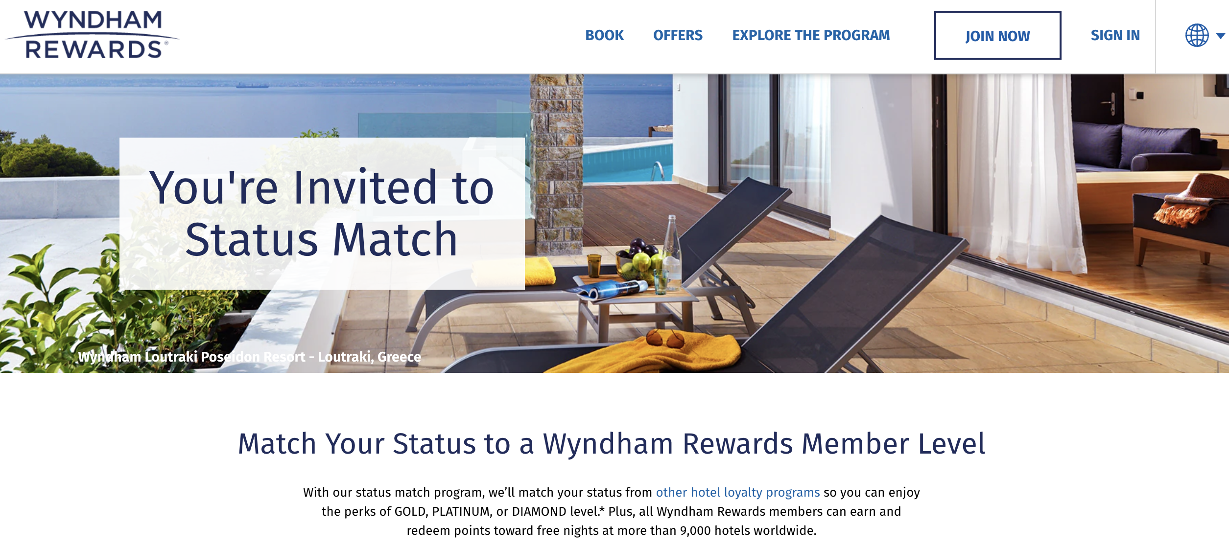 Wyndham status match landing page.