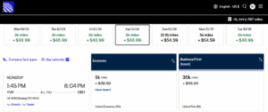 Screenshot of United award option from Vancouver to Chicago