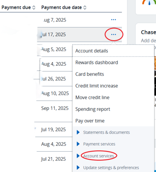 A screenshot shows how to find the account services tab in Chase accounts.