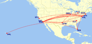 Map of all domestic routes where American Airlines is flying lie-flat seats in September 2025