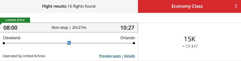 Air Canada award operated by United from CLE to MCO