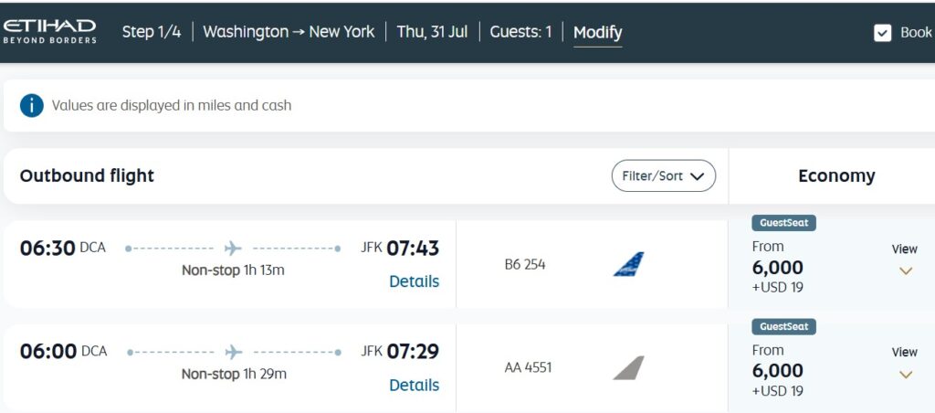 Washington to New York for 6,000 Etihad miles.