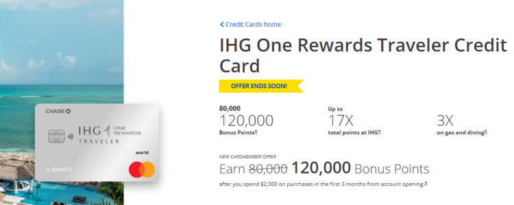 A screen shot from CHase shows the public offer for an IHG credit card.
