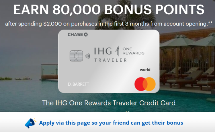 A screen shot shows a referral offer through Chase for an IHG credit card.