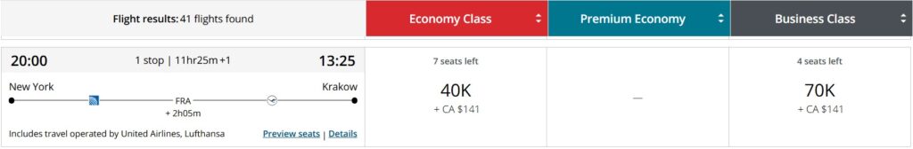 New York to Krakow in business class through Air Canada