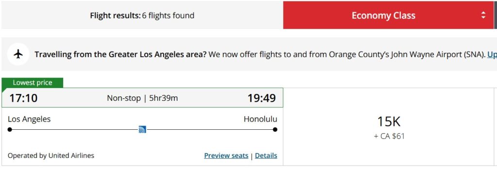 Air Canada award operated by United from LAX to HNL