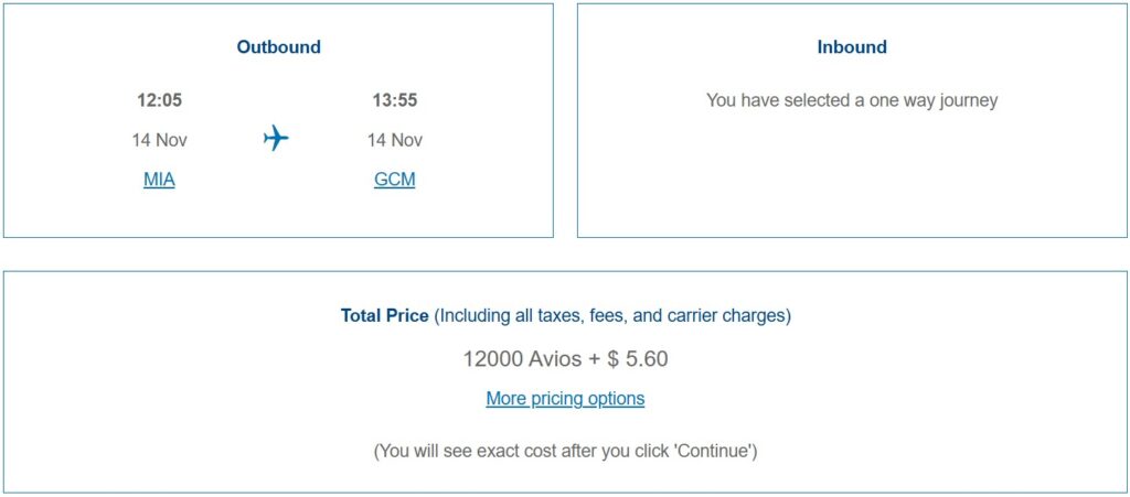 American Airlines award from MIA to GCM bookable through British Airways.