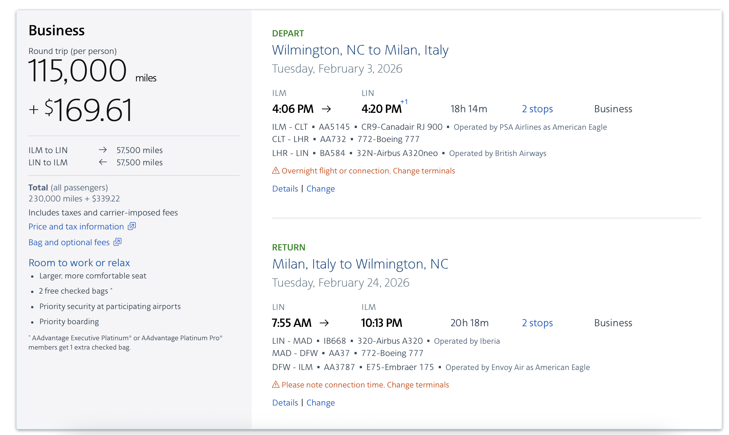 A screenshot showing a round-trip flight from Wilmington, North Carolina, to Milan, Italy, in business class