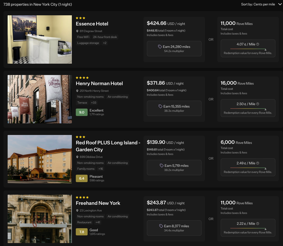 redeem Rove miles for hotels