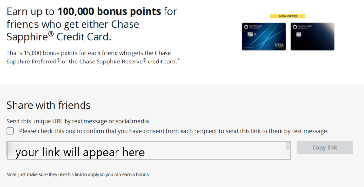 A screen shot shows how you can generate a unique link in the Chase refer a friend program